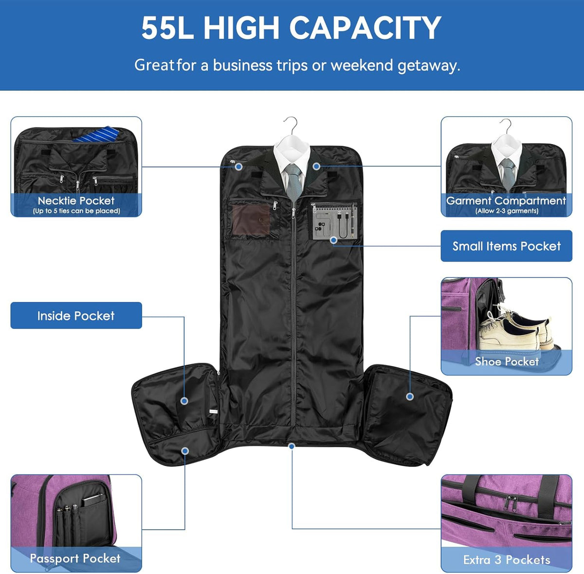 Bukere Carry on Garment Duffle Bag for Travel, Convertible Suit Bag with Backpack Shoulder Straps, Shoe Compartment, Waterproof 3 in 1 Weekender Suit Bag for Men Women