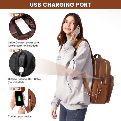 LOVEVOOK Laptop Backpack Purse for Women, Large Capacity Travel Computer Work Bag, Faux PU Leather Quilted Casual Nurse Backpack for Womens, Fit 15.6 Inch Laptop with USB Port, Brown