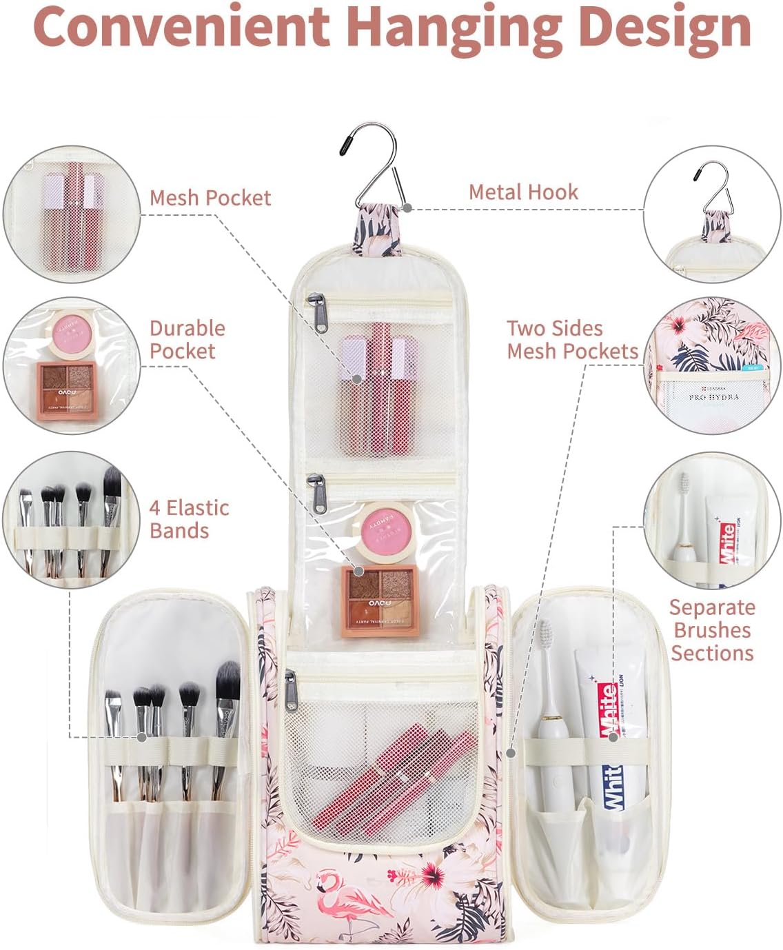 Narwey Small Hanging Toiletry Bag Women Travel Makeup Bag Organizer Toiletries Bag for Travel Size Essentials Accessories Cosmetics(Medium, Beige Bird)