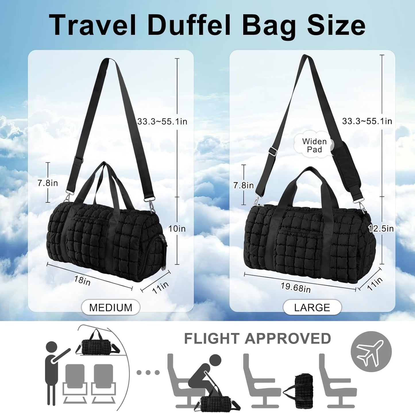 Quilted Travel Duffle Bag Gym Bag for Women,Large Puffer Duffle Weekender Bag with Compartment,Workout Overnight Carry on Organizer Bag Duffle Bag for Airplane Travel(L-Black)