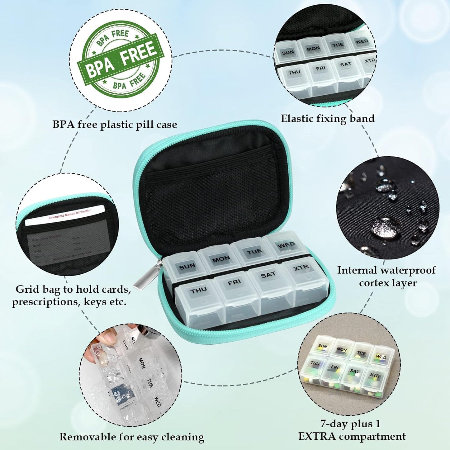Serfeymi Weekly Travel Pill Organizer Pill Case for Purse with Removable 7 Day Pill Box, Fashionable Travel Medicine Organizer Pill Container for Medicine, Vitamin, Supplement - Black 01 + Green 01