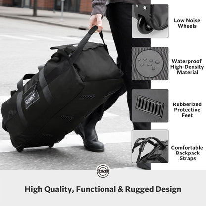 STOVER 100L Rolling Duffel Bag with Wheels, X-Large 32 Inch Durable Travel Duffle + Toiletry Bag, Heavy Duty, Packable w/Shoulder Straps- Use as Luggage or Backpack, Men/Women (Black)