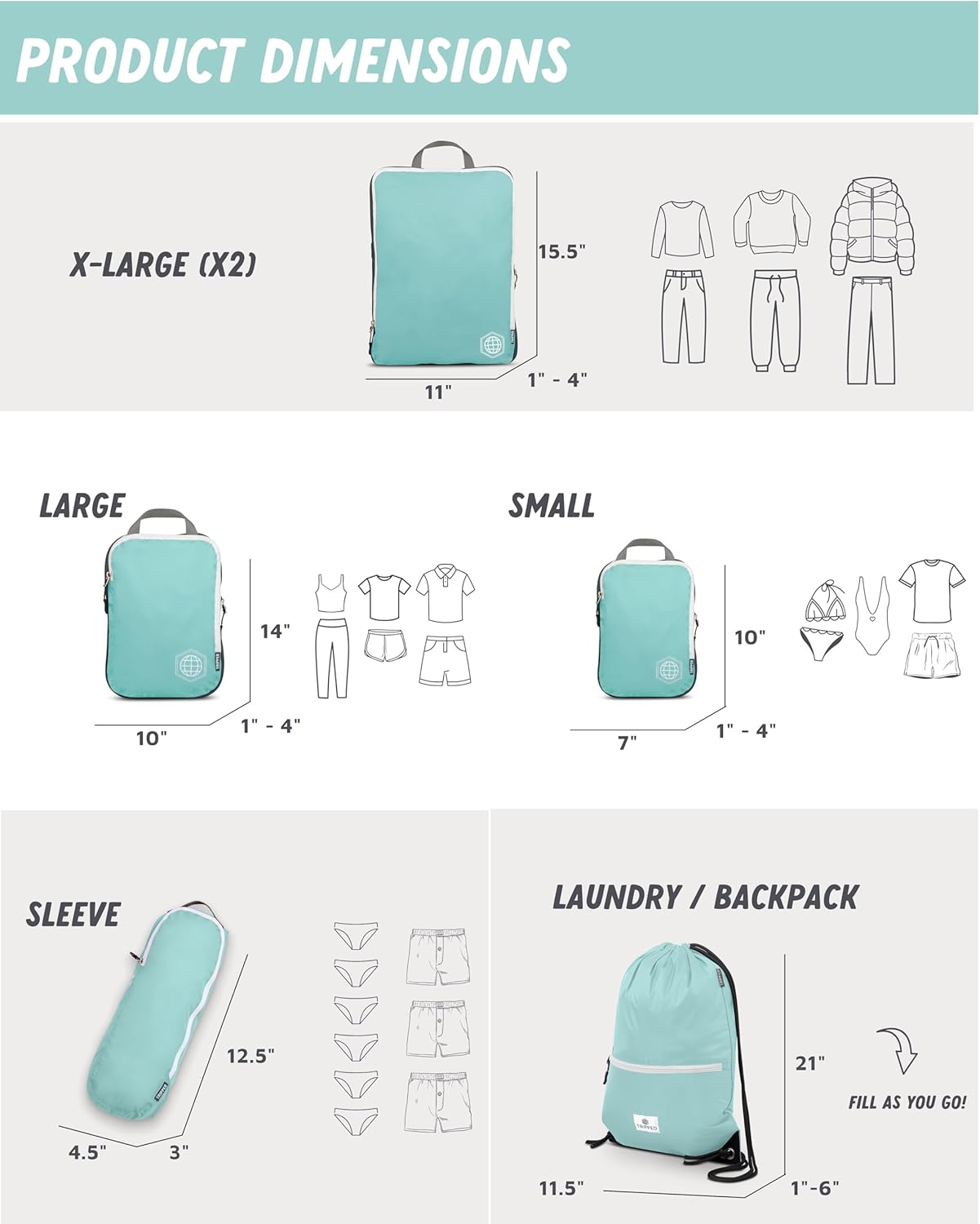 Large Compression Packing Cubes 6 Piece Set for Travel with Lightweight Laundry Bag/Drawstring Backpack for Carry-On Suitcase (Teal/White)
