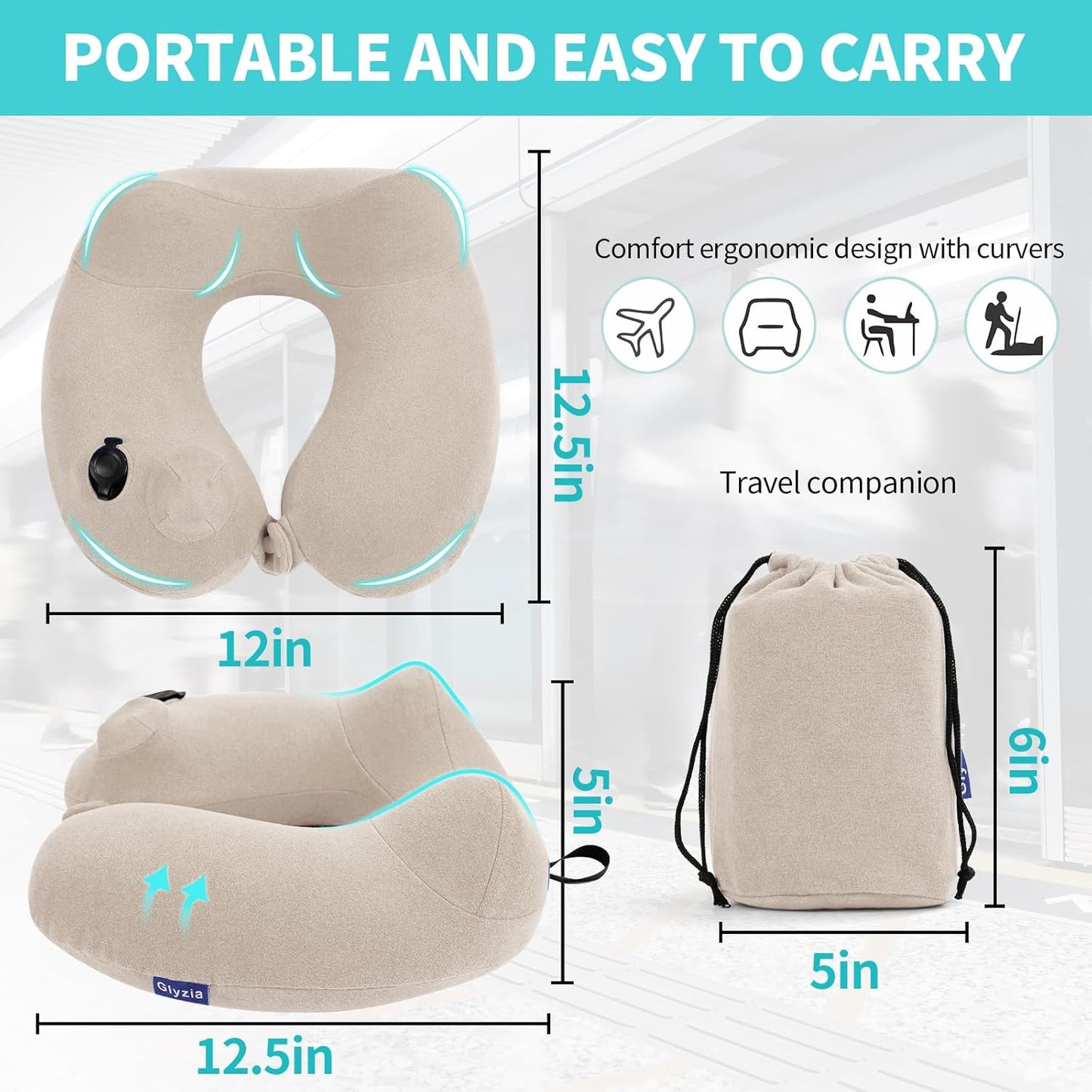 Inflatable Travel Neck Pillow for Airplane, Head Support Velvet Adult Neck Pillow for Long Flight, Kit with Eye Mask, Earplugs and Storage Bag,1, Beige