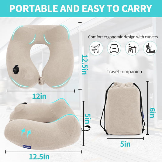 Inflatable Travel Neck Pillow for Airplane, Head Support Velvet Adult Neck Pillow for Long Flight, Kit with Eye Mask, Earplugs and Storage Bag,1, Beige