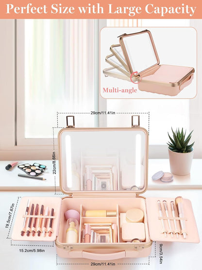 Kalolary Travel Makeup Train Cases with Lighted Mirror 3 Color Setting, Makeup Bag Cosmetic Case Organizer Adjustable Brightness Portable Makeup Storage Box For Makeup Brushes Accessories Tools,Pink