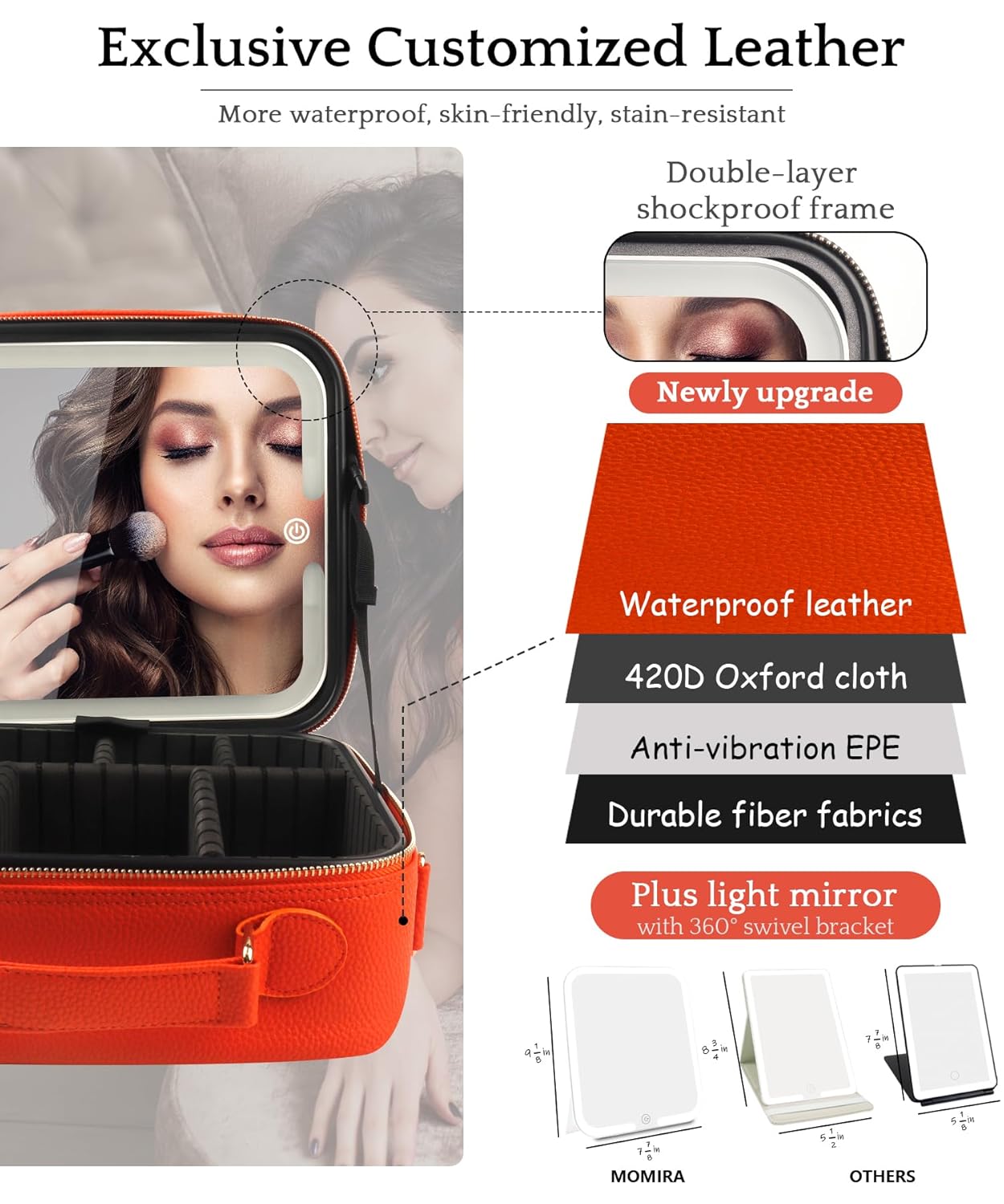MOMIRA Travel Makeup Bag Cosmetic Bag with Lighted Mirror, Adjustable Brightness in 3 Color Scenarios/Detachable makeup mirror, All-round Upgrade, Waterproof, Gift for Women -Orange