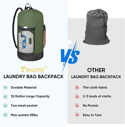 BALEINE 120L Laundry Bag Backpack, 900D Oxford Fabric Large Travel Laundry Bags with Shoulder Straps and 2 Mesh Pockets for College Dorm, Apartment, Laundromat (Green, 120L)