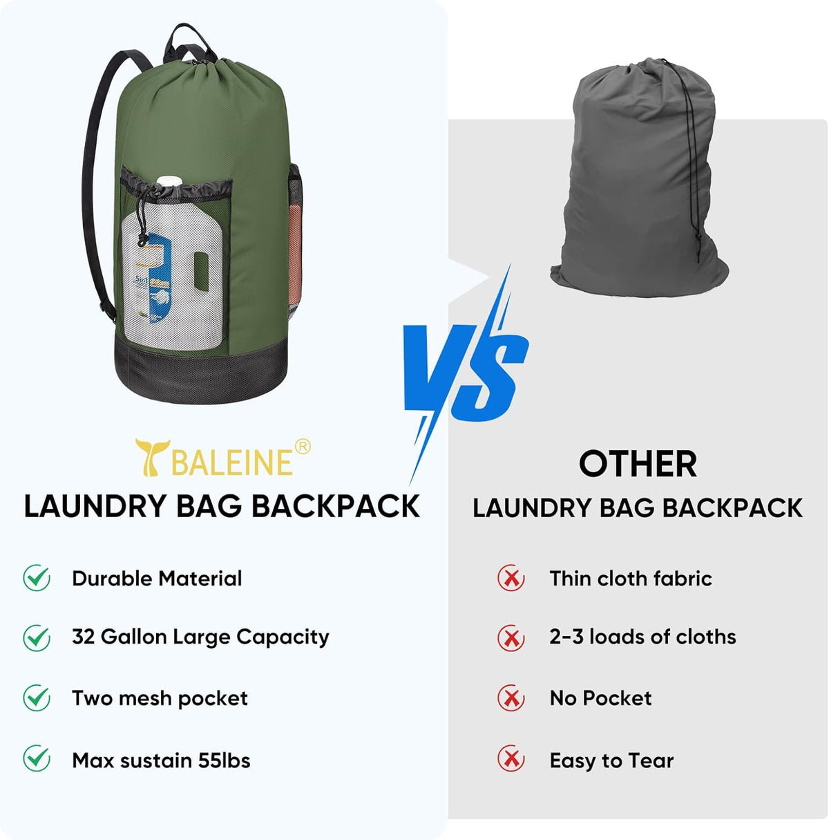 BALEINE 150L Laundry Bag Backpack, 900D Oxford Fabric Large Travel Laundry Bags with Shoulder Straps and 2 Mesh Pockets for College Dorm, Apartment, Laundromat (Green, 150L)