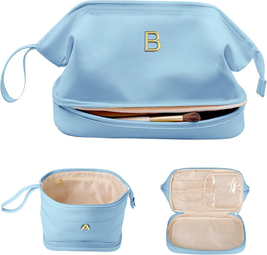 Monogrammed Gift for Women Girls, Initial Makeup Bag, Personalized Double Layer Cosmetic Bag with Makeup Brush Organizer, Large Capacity PU Leather Travel Toiletry Bag, Sister Gifts
