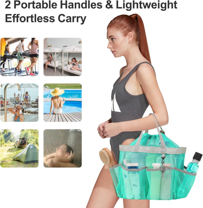 F-color Mesh Shower Caddy Portable with Drawstring - Upgrade Deeper 7 Pockets Dorm Room Essentials for Guys Girls with S Hook, Shower Bag Basket Tote for College Camping Toiletry Bathroom, Mint Green