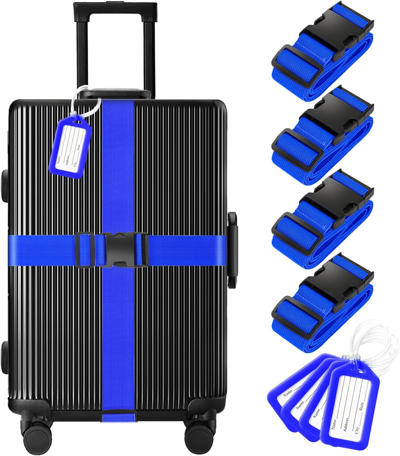 8 Pack Luggage Straps and Tags Set (4 Straps, 4 Tags), Luggage Straps for Suitcases TSA Approved Suitcase Belt Luggage Tags, Blue