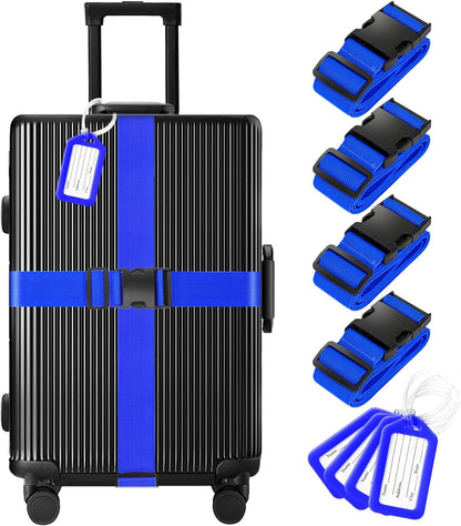 8 Pack Luggage Straps and Tags Set (4 Straps, 4 Tags), Luggage Straps for Suitcases TSA Approved Suitcase Belt Luggage Tags, Blue