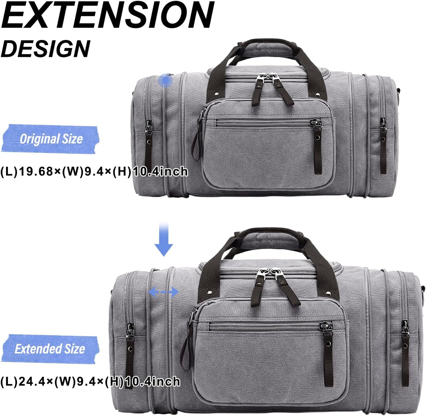 Felipe Varela Duffle Bag for Men, Expandable Canvas Duffel Bag for Travel, Mens Carry On Luggage Bags Traveling Weekender Gym Overnight Bags for Airplanes, Grey