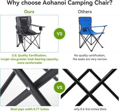 Oversized XL Camping Chairs for Adults, Padded Folding Camp Chair with High Back, Cup Holder & Side Pocket for Outside, Lawn, Beach, Fishing, Sports, Folding Heavy Duty Chairs, Black
