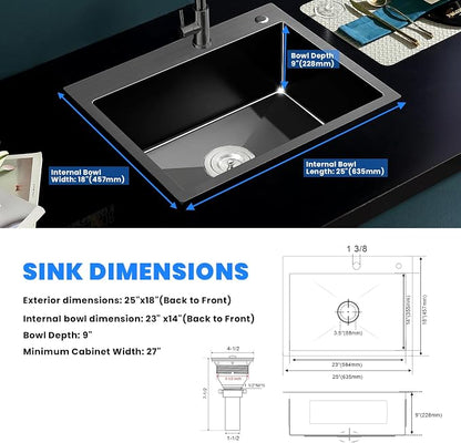 POPFLY 25 Inch Drop In Kitchen Sink, 25x18 Black Stainless Steel Top mount - Image 7