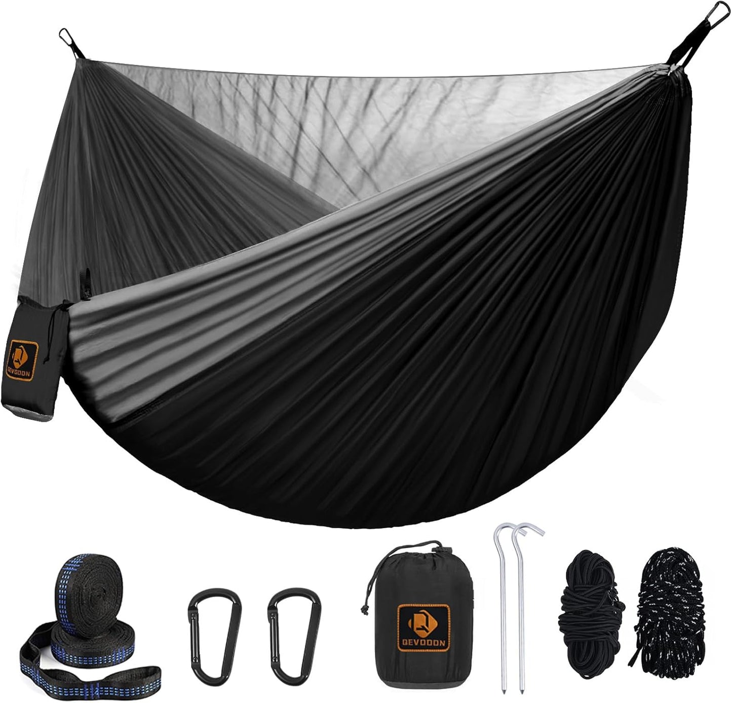 Camping Hammock, Portable Hammocks with Mosquito Net,Lightweight Nylon Parachute Hammock with 10ft Tree Straps,Camping Gear Must Haves for Travel Hiking Backpacking Beach Patio-Black&Grey