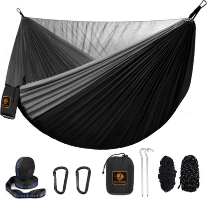 Camping Hammock, Portable Hammocks with Mosquito Net,Lightweight Nylon Parachute Hammock with 10ft Tree Straps,Camping Gear Must Haves for Travel Hiking Backpacking Beach Patio-Black&Grey