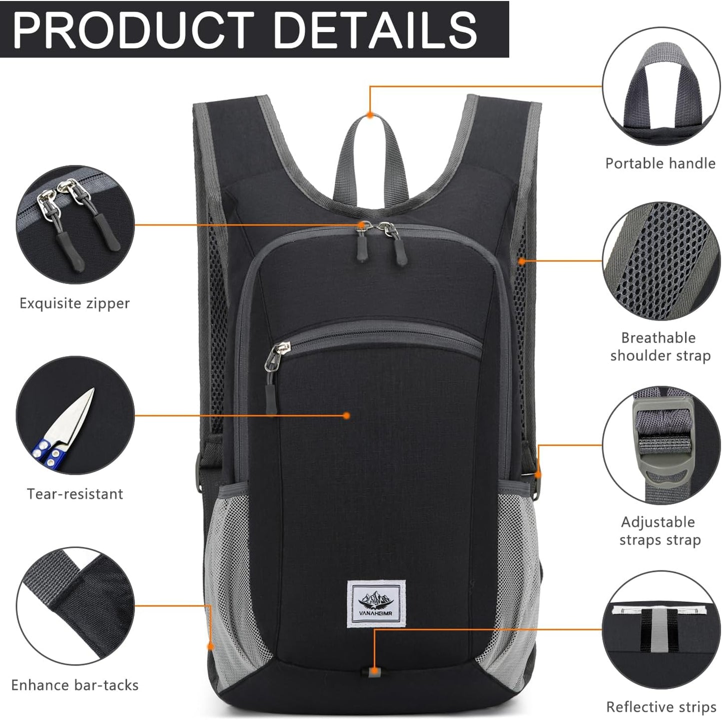 Esup 15L Lightweight Hiking Backpack Foldable Small Travel Backpack Packable Camping Backpack for Women Men (Black)