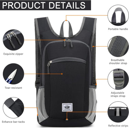 Esup 15L Lightweight Hiking Backpack Foldable Small Travel Backpack Packable Camping Backpack for Women Men (Black)