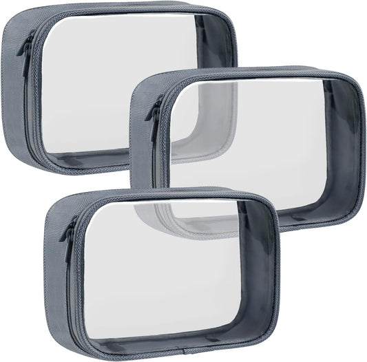 Moyad TSA Approved Clear Toiletry Bag, 3 Pack Quart Size 3-1-1 Liquids Pouch for Travel, Transparent Makeup & Cosmetic Organizer for Women Men, Grey