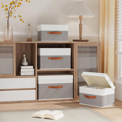 Fabric Storage Boxes with Lids, Linen Foldable Cloth Baskets, Closet Organizer Containers with Double Handles, Sweater Bins for Bedroom, White and Grey, 3 Pack, 13 x 9.1 x 7.9 Inch