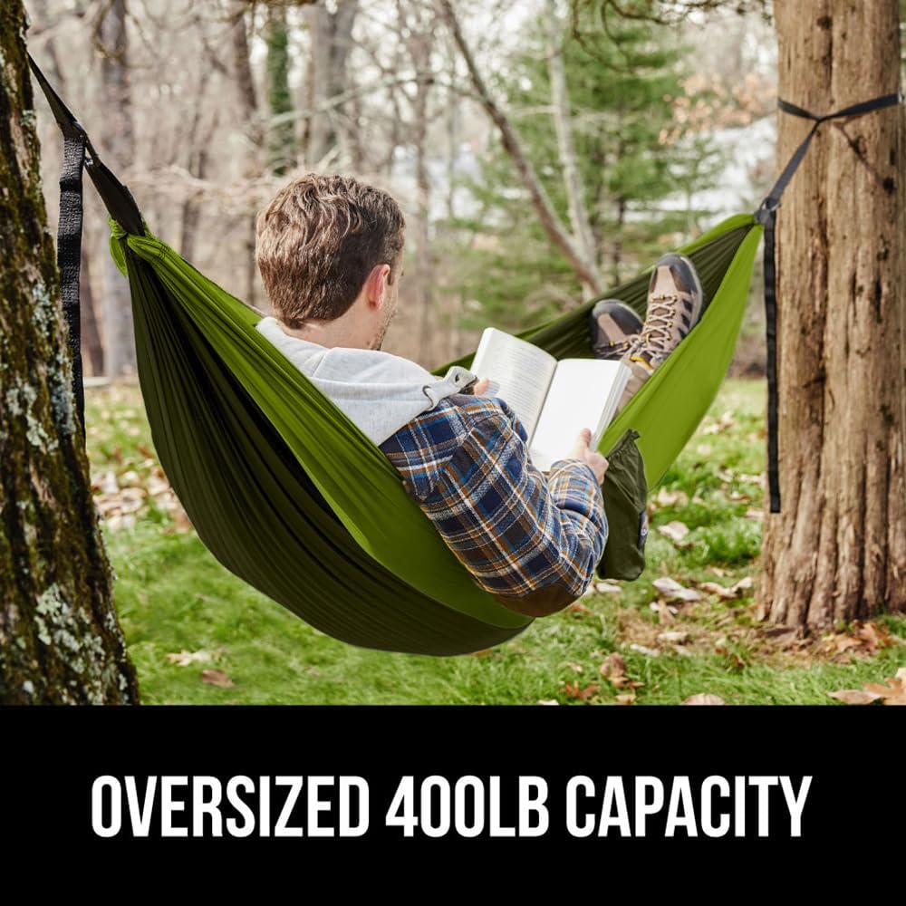 GORILLA GRIP Durable Portable Camping Hammock, Holds 400lbs with Heavy Duty Tree Straps, Comfortable Travel Swing, Camp Hammocks, Easy to Use and Install, Outdoor Essentials, Green, 9x4.5 FT