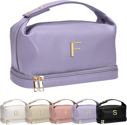 Personalized Makeup Bags， Personalized Bags with Handle, Waterproof Double Layer Cosmetic Bag, Large Capacity PU Leather Makeup Bags Letter Travel Toiletry Bag with Makeup Brush Organizer