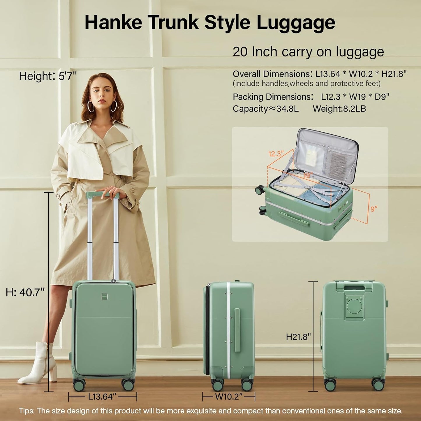 Hanke 20 Inch Carry On Luggage with Cup Holder and Charge,Top Opening Hard Shell Suitcases with Wheels and Dividers,Aluminum Frame Trunk Luggage Small Suitcase with Lock for Travel,Forest Green