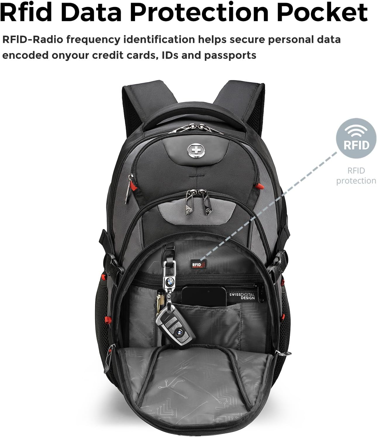 Swissdigital Design Laptop Backpack with USB Charging Port, TSA Travel Backpack Fits 15.6 inches Computer, 31L College School Backpack for Men, Black/Grey | SD803