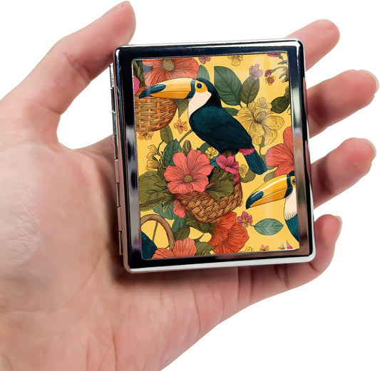 8‑Compartment Metal Pill Box Organizer – Portable Medicine Case 3″×2.6″ | Food‑Grade Dividers | Secure Snap Button Lid | Travel & Gift for Seniors (Tropical Toucan Garden)
