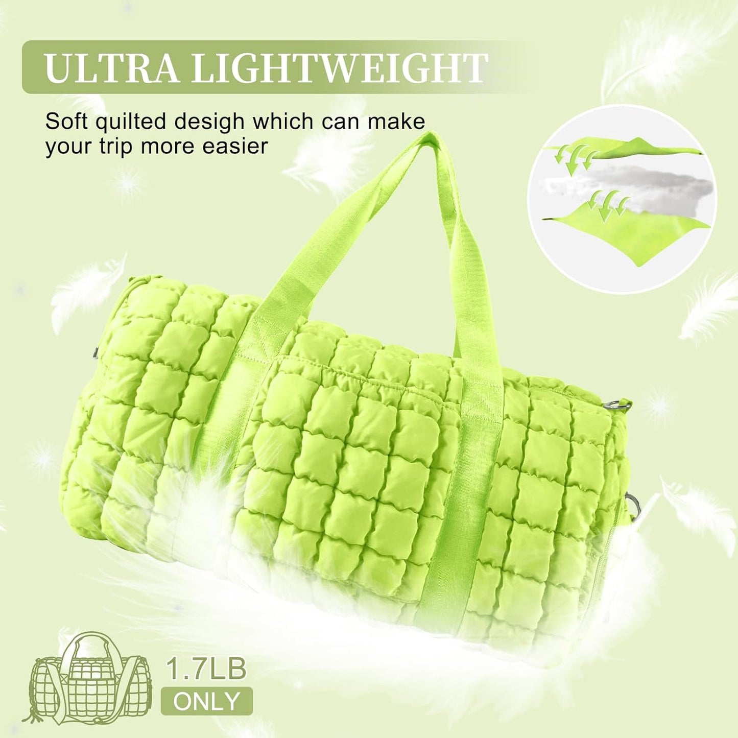 Quilted Travel Duffle Bag Gym Bag for Women,Large Puffer Duffle Weekender Bag with Compartment,Workout Overnight Carry on Organizer Bag Duffle Bag for Airplane Travel(L-Green)