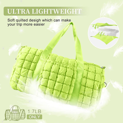 Quilted Travel Duffle Bag Gym Bag for Women,Large Puffer Duffle Weekender Bag with Compartment,Workout Overnight Carry on Organizer Bag Duffle Bag for Airplane Travel(L-Green)