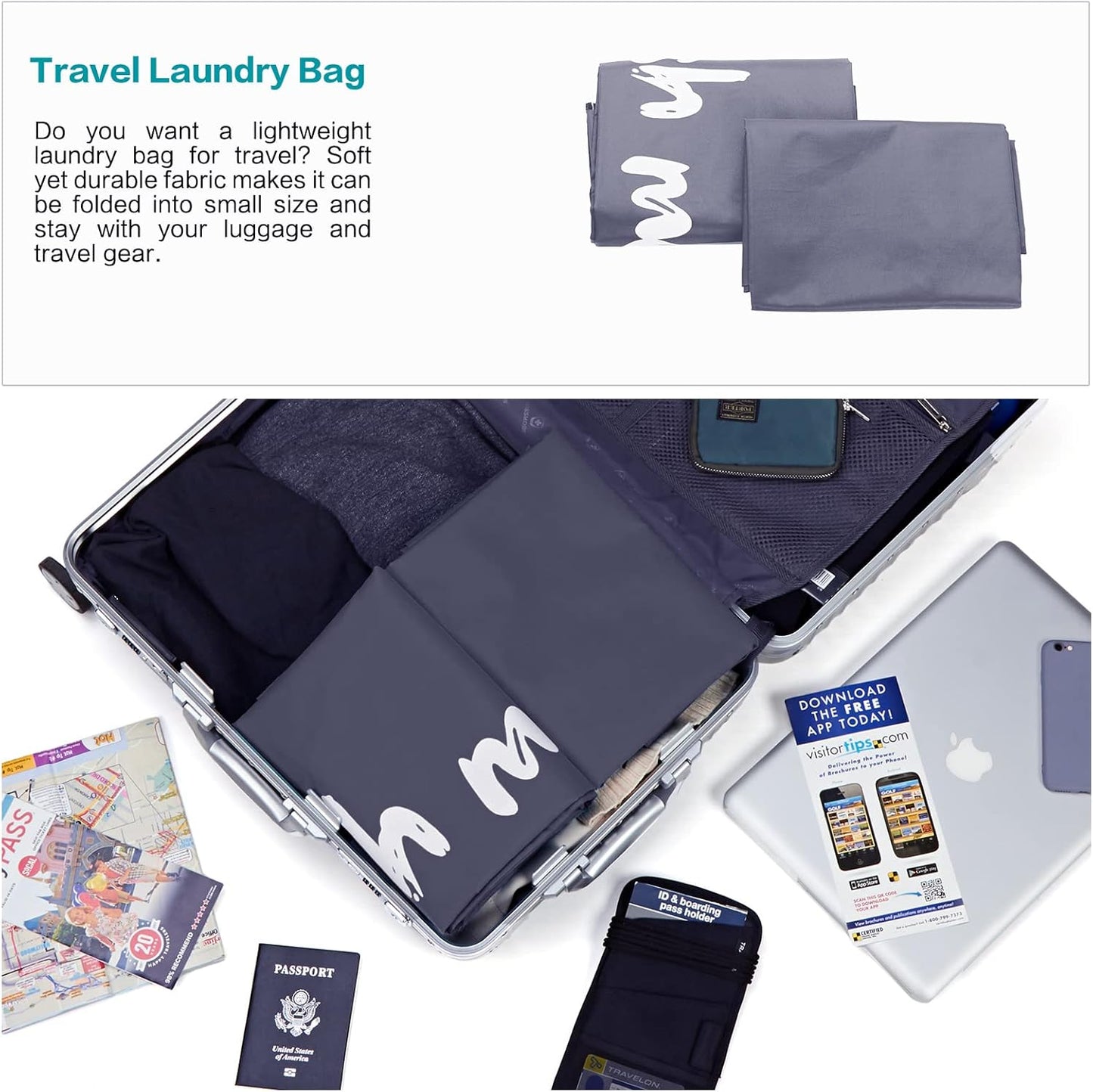 HOMEST XL Wash Me Travel Laundry Bag, Dirty Clothes Organizer, Large Enough to Hold 4 Loads of Garments, Easy Fit a Hamper or Clothing Basket, Grey