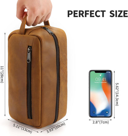 Ringsun Genuine Leather Toiletry Bag, Hanging Makeup Bag with Large Capacity for Women Men, Handcrafted Vintage Travel Toiletry Bag for Accessories, Shampoo, Full-size Container, Toiletries