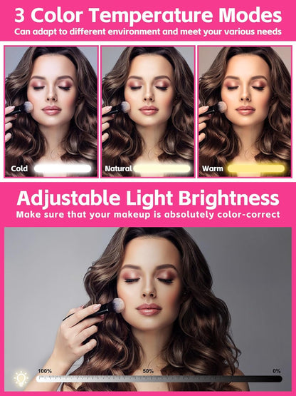 Kalolary Travel Makeup Train Cases with Lighted Mirror 3 Color Setting, Makeup Bag Cosmetic Case Organizer Adjustable Brightness Portable Makeup Storage Box with Detachable 5X Magnifying Mirror, Pink