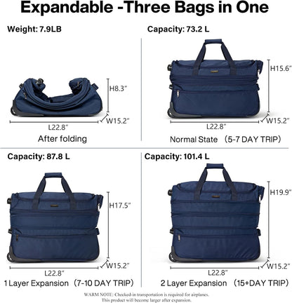 Hanke Large Expandable checked Luggage Suitcases with Wheels Foldable Duffle Bag for Travel suitcase for Women Men Garment Bag（Blue）