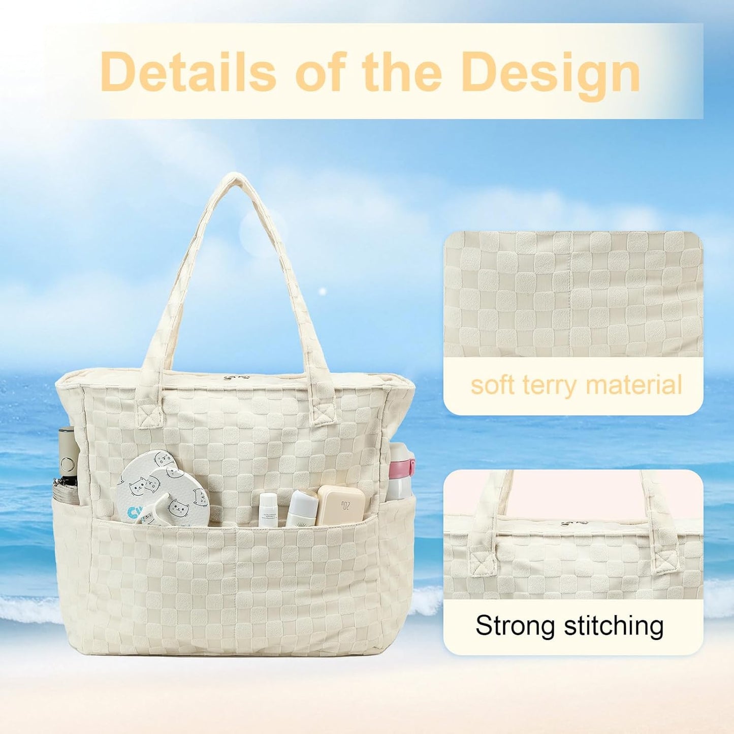 LEDAOU Large Beach Tote Bag Women Waterproof Sandproof Zipper Beach Tote Bag for Pool Gym Grocery Travel with Wet Pocket