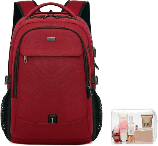 DUSLANG 17 Inch Laptop Backpack for Travel Water Resistant College Backpack for Women Laptop Bag with USB Charging Port and Clear Toiletry Bag, Red A