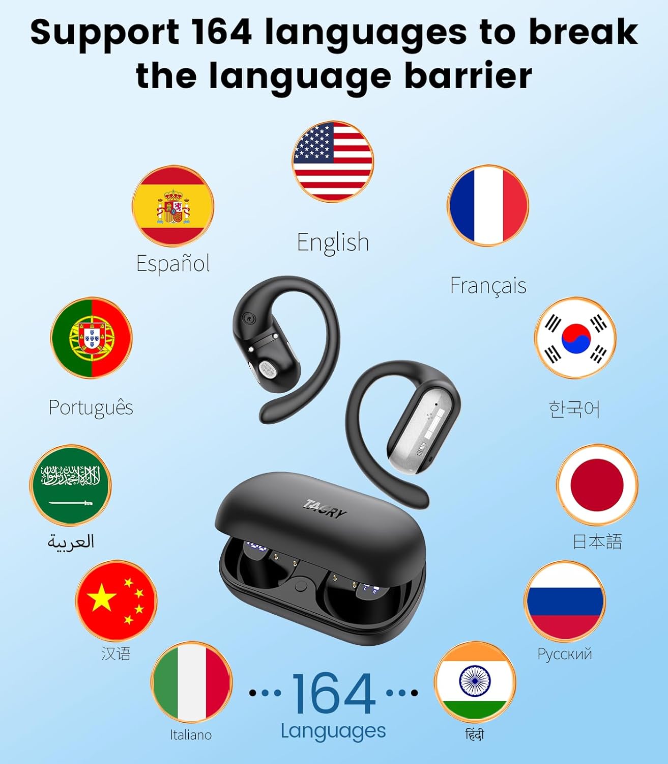 AI Translation Earbuds Real Time 164 Languages Translator Ear Buds Audifonos Traductores Inglés Español 4-in-1 Wireless Headphones Bluetooth Earphones for Travel Business Meeting Learning Black