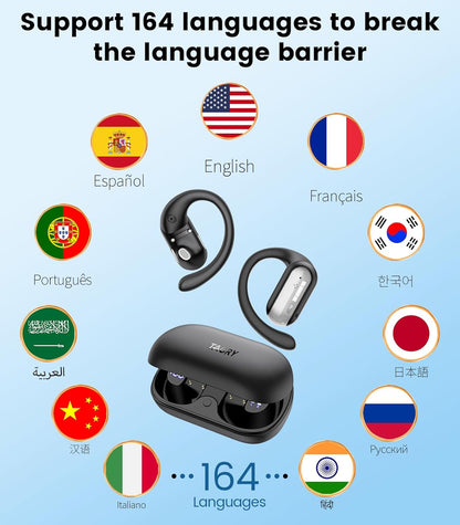 AI Translation Earbuds Real Time 164 Languages Translator Ear Buds Audifonos Traductores Inglés Español 4-in-1 Wireless Headphones Bluetooth Earphones for Travel Business Meeting Learning Black
