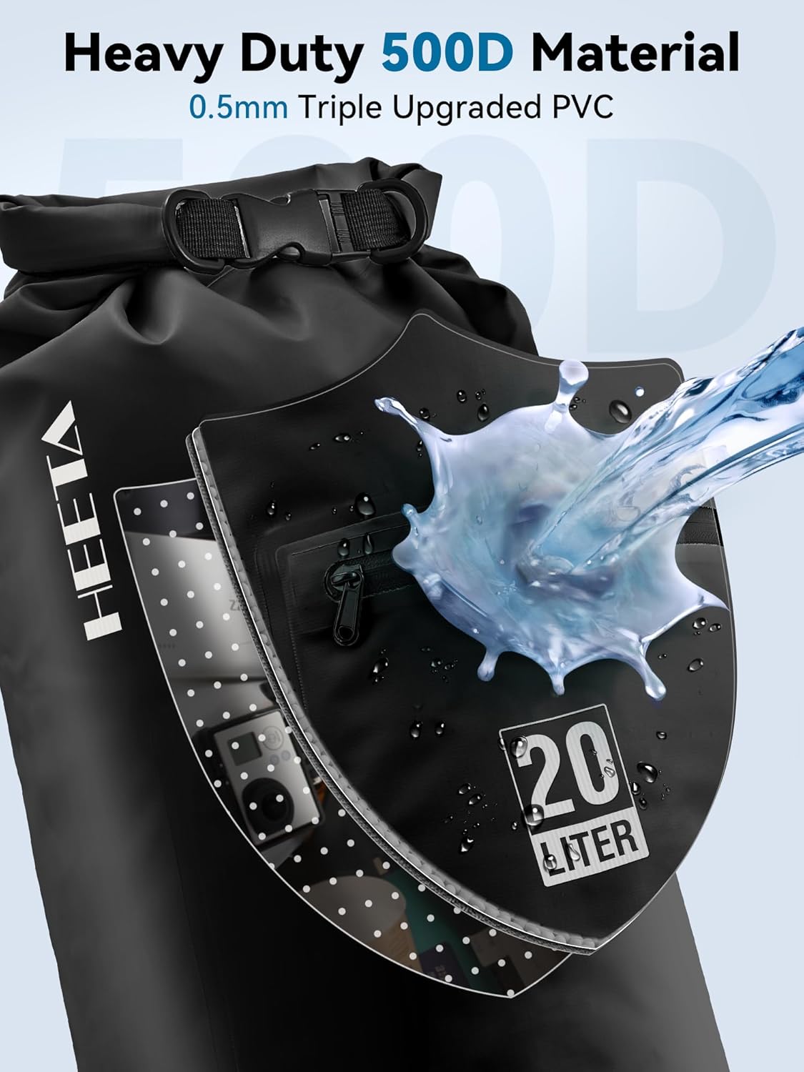 HEETA Waterproof Dry Bag with Front Zippered Pocket for Women Men, 5L/10L/20L/30L/40L Roll Top Lightweight Dry Storage Bag Backpack for Travel, Kayaking, Boating, Rafting, Camping, Hiking & Beach