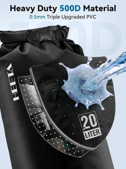 HEETA Waterproof Dry Bag with Front Zippered Pocket for Women Men, 5L/10L/20L/30L/40L Roll Top Lightweight Dry Storage Bag Backpack for Travel, Kayaking, Boating, Rafting, Camping, Hiking & Beach