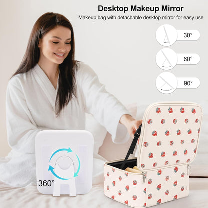 Makeup Bag With LED Mirror, Travel Makeup Case with Light up Mirror Fashion Cute Cosmetic Bag with 3 Color Lighted Portable Organizer Case with Adjustable Dividers （Strawberry/Beige,Small）