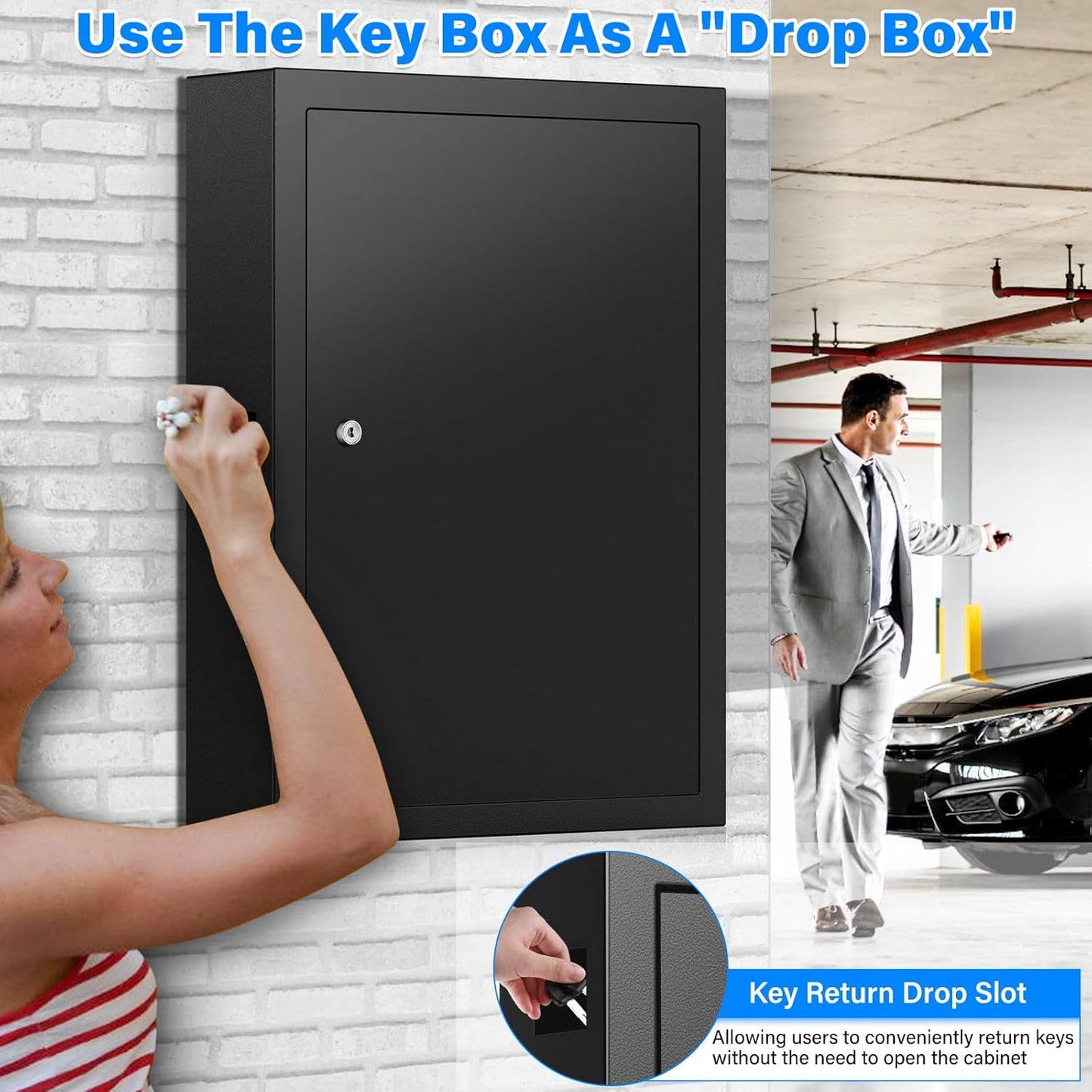125 Keys Key Lock Box Wall Mount, Anti-Theft Key Organizer with Colored Key Tags and Key Drop Slot, Conveniently Key Cabinet for Car Garage House Rental Office Business