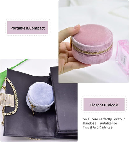 TAIMY Small Jewelry Travel Case, Round Mini Travel Jewelry Box for Women Girls, Portable Mini Jewelry Travel Organizer Boxes for Rings Earrings Necklaces Bracelets(Pink Lavender)