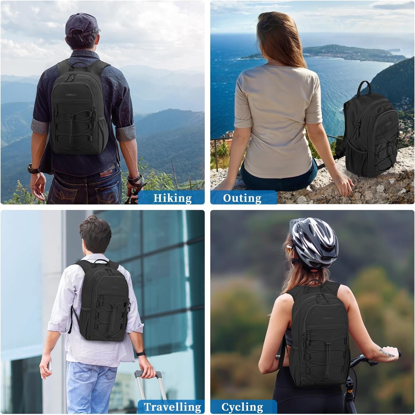 ZOMFELT Hiking Backpack for Women Men, 15L Lightweight Packable Backpack for Trip, Water Resistant Small Travel Backpacks, Foldable daypack for Hiking, Walking, Cycling, Camping, Black