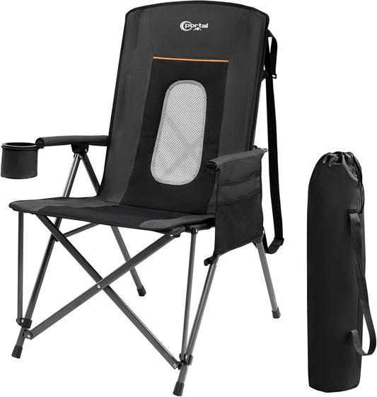 PORTAL Oversized Folding Camping Chair High Back Portable Lawn Chairs for Adults Outdoor Sports with Hard Armrest Cup Holder，Supports 400LBS Black