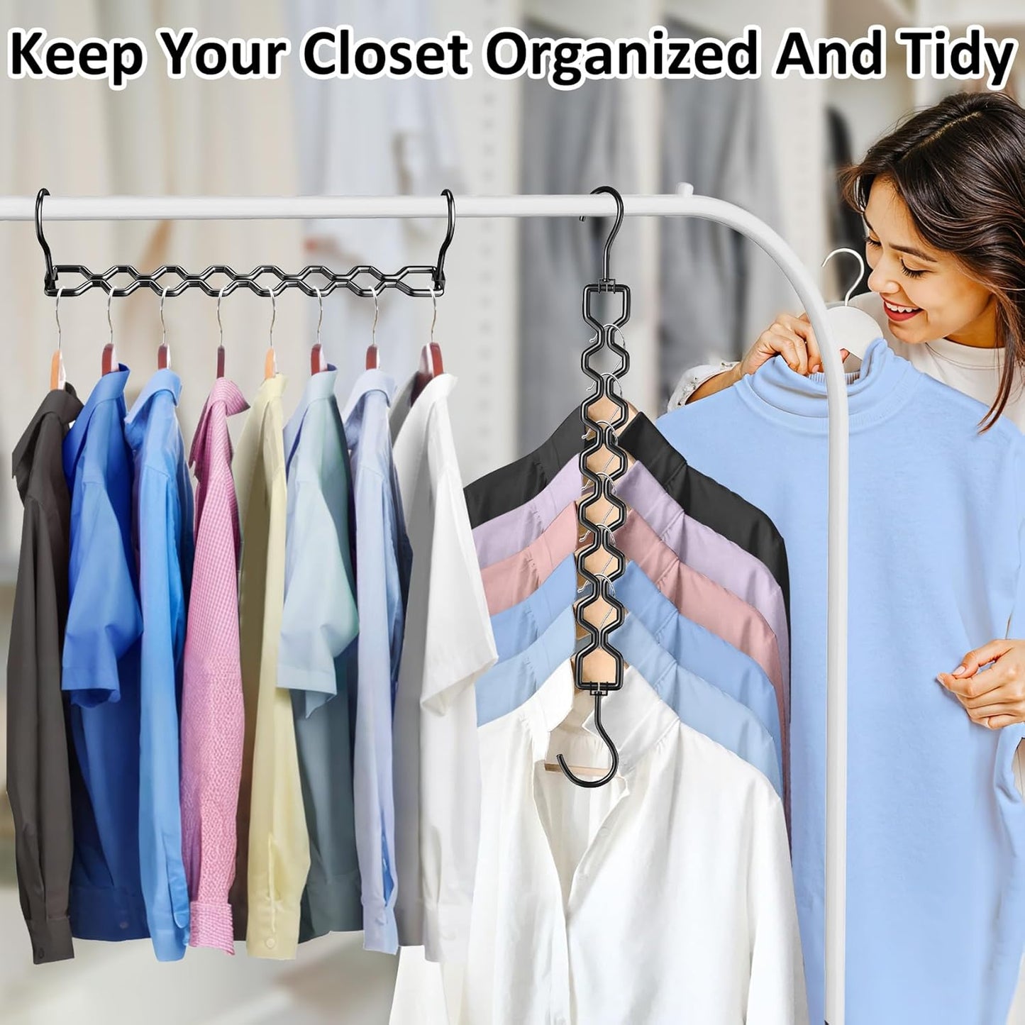 3 Pack Space Saving Hangers for Clothes, Heavy Duty 30Lbs Capacity Magic Clothes Space Saver Sturdy Metal Hanger Organizer with 360° Swivel Hook, Closet Organizers Storage Dorm Essentials Black