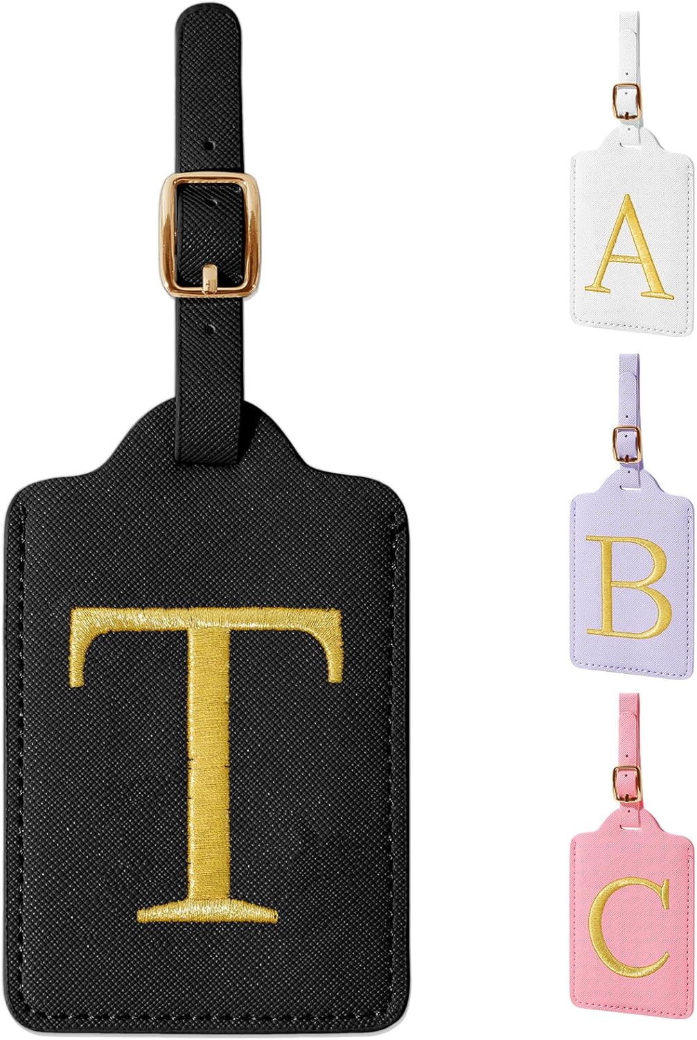 Personalized Initial Luggage Tags for Suitcase TSA Approved, Black Leather Cute Luggage Tag with Privacy Cover Name Card, Embroidered Custom Luggage Tags Travel Backpack Tags Gifts for Women Kids(T)